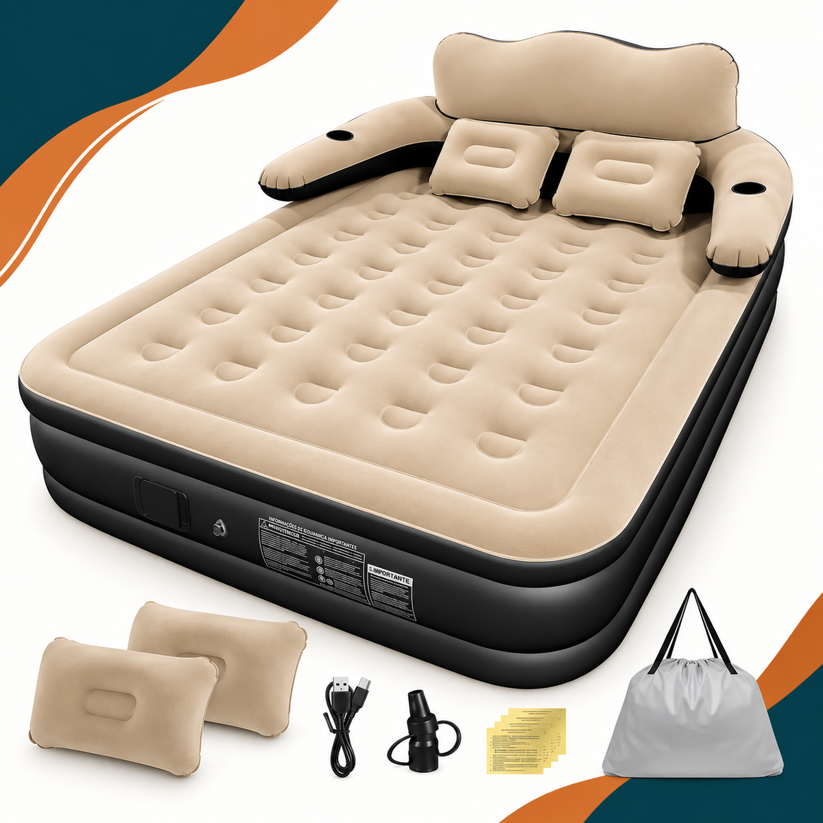 Colchão Inflável Queen com Encosto — Inflar/Desinflar Automático em 3 Minutos
