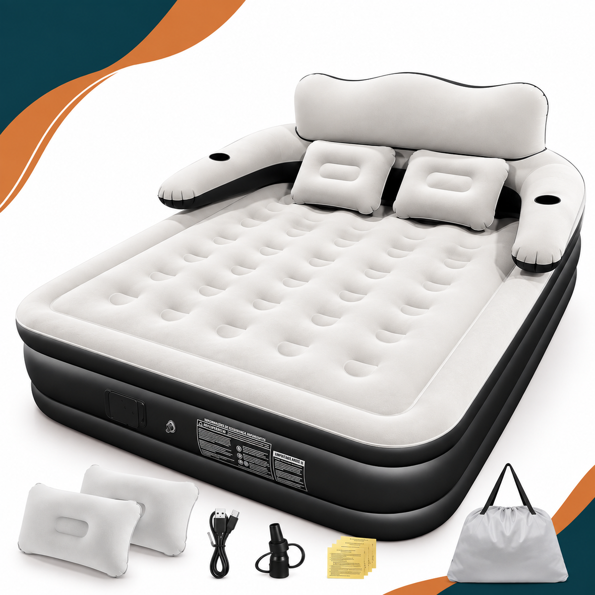 Colchão Inflável Queen com Encosto — Inflar/Desinflar Automático em 3 Minutos